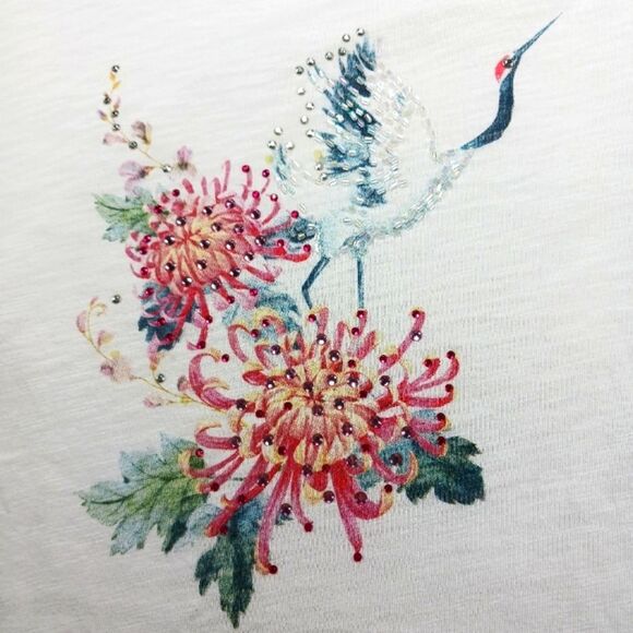 Krazy Kat Embellished Beaded Short Sleeve T- Shirt. Womans Large. Bird/ Flower. - Picture 2 of 12